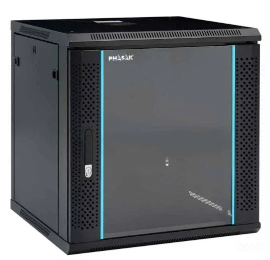Rack Mural 19″ Phasak Pro 12U 600×600 Montado, ideal para servidores y telecomunicaciones, diseño compacto, resistente, fácil montaje y ventilación eficiente