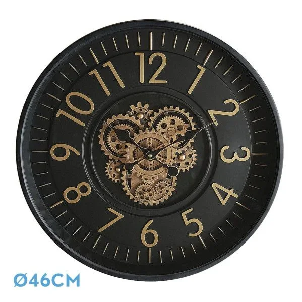 Reloj de pared LACIO oro negro 46x46x8 cm engranajes con movimiento