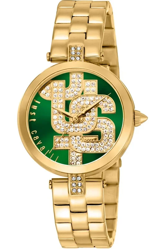 Reloj de pulsera Just Cavalli Glam Chic Maiuscola – JC1L241M0065 correa color: Oro amarillo Dial Verde botella Hombre