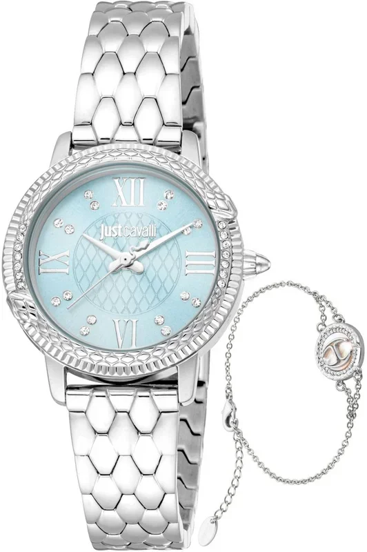 Reloj de pulsera Just Cavalli Just Cavalli Signature Snake Viperized – JC1L276M0045 correa color: Gris plata Dial Azul luminoso Mujer