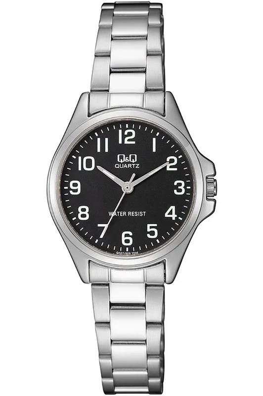 Reloj para Mujer Q&Q, Modelo QA07J205Y. Reloj de Metal, correa de color Metálico y Dial de color Negro. Reloj Analógico para Mujer. WR 30 mt.
