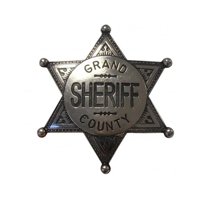 Réplica de placa de Sheriff Grand County de 6 puntas fabricada en metal, con aguja para su sujeción de 6,9 cm de color plata