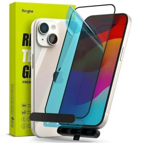 Ringke – Protector de pantalla de cristal templado compatible con iPhone 15 Plus (2023) – Dureza 9H – Cobertura completa sin burbujas y antiarañazos – Plantilla de instalación W
