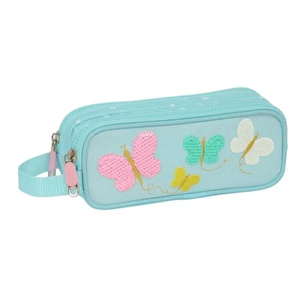 Safta Moos Butterflies – Portatodo Doble, Tejido Reciclable, Estuche Infantil, Estuche Niño, Ideal para Niños en Edad Escolar, Cómodo y Versátil, Calidad y Resistencia, 21x6x8 cm, Color Azul Claro