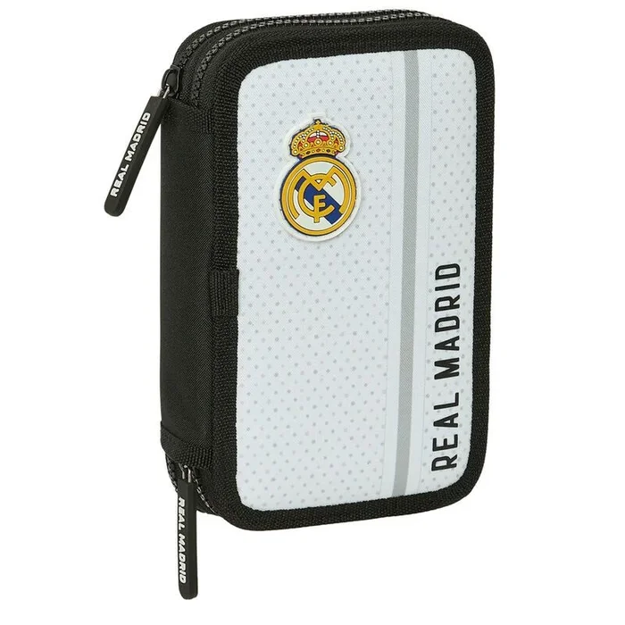 Safta Real Madrid 1ª EQUIPACIÓN 24/25 – Estuche Escolar Niño, Estuche con Colores, con 28 Útiles Incluidos, Ideal para Niños de 5 a 14 Años, Cómodo y Versátil, 12.5x4x19.5 cm, Color Blanco/Gris