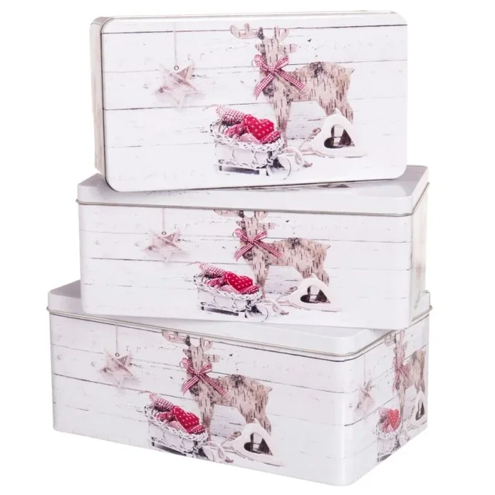 Set 3 cajas metal ciervo nieve 26x15x11