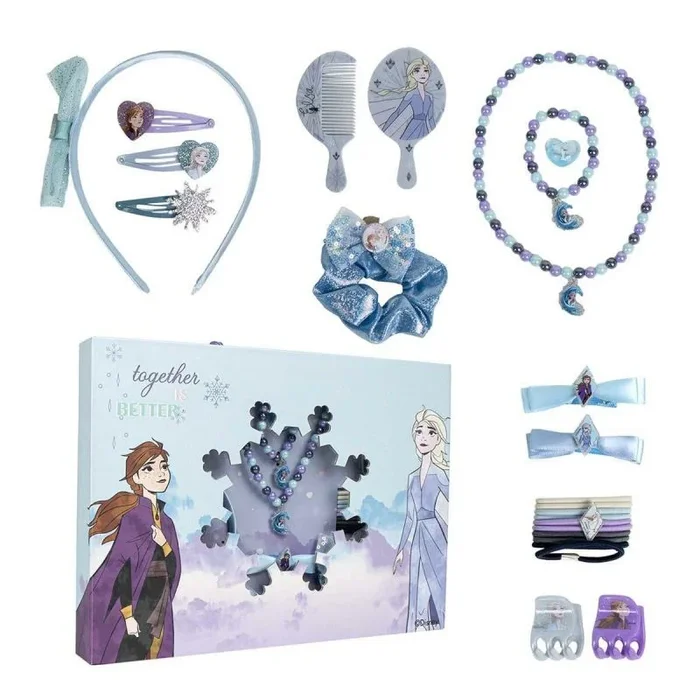 Set de Belleza de Frozen – Incluye 1 Coletero de tela, 10 Coleteros, 2 Pinzas, 3 Horquillas, 2 Cepillos, 1 Diadema, 1 Collar, 1 Pulsera y 1 Anillo – Multicolor – Producto Original Diseñado en España