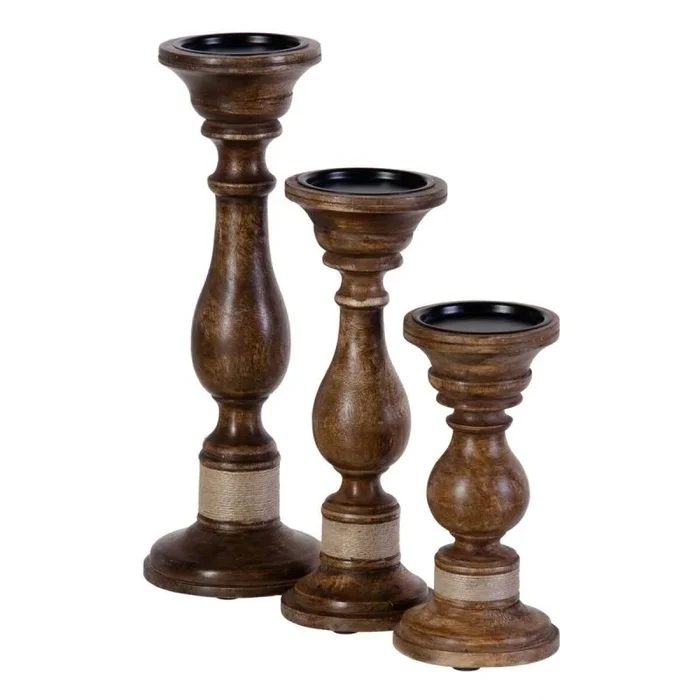 Set de portavelas marrón hierro madera de mango 14 x 14 x 38 cm (3 unidades)