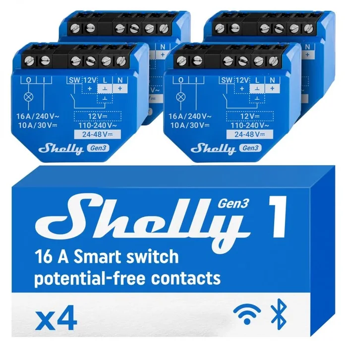 Shelly 1 Gen3 – Interriptor Relé intoeligente con contactos secos, Wi-Fi y Bluetooth, Control remoto de luz por App, Compatible con Alexa y Google Home, No requiere Hub, Chip Shelly de 8MB – 4 Piezas