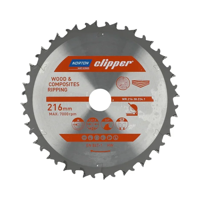 Sierra circular Norton 216 mm (2,8 / 1,8), corte longitudinal rápido para madera y materiales compuestos, 24 dientes, carburo y acero, 7000 rpm, diámetro 30 mm, sierra ingletadora