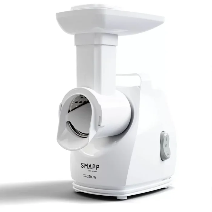 SMAPP 490.81 Picadora de carne eléctrica, 2200 W de potencia, 3 discos de acero inoxidable (2,7 mm, 4 mm, 8 mm), punta de zanahoria, rallador de verduras, silenciosa y compacta, patas antideslizantes
