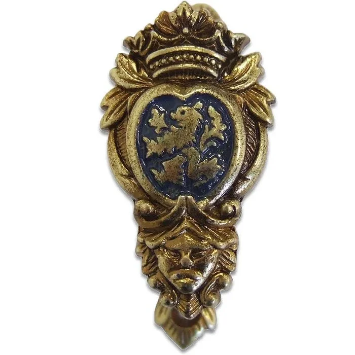 Soporte para Armas de Caza, espadas o dagas Escudo de León, de acabado dorado antiguo y fondo azul de 7,5 cm