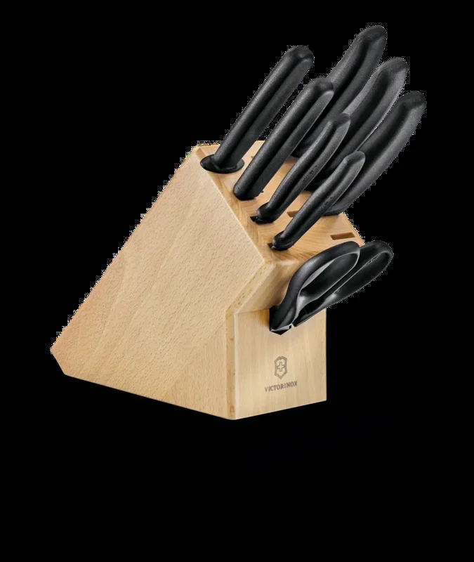 Soporte para cuchillos Swiss Classic, madera de haya, compacto y elegante, ideal para organizar cuchillos, incluye 9 hojas y tijeras, fabricado en Suiza
