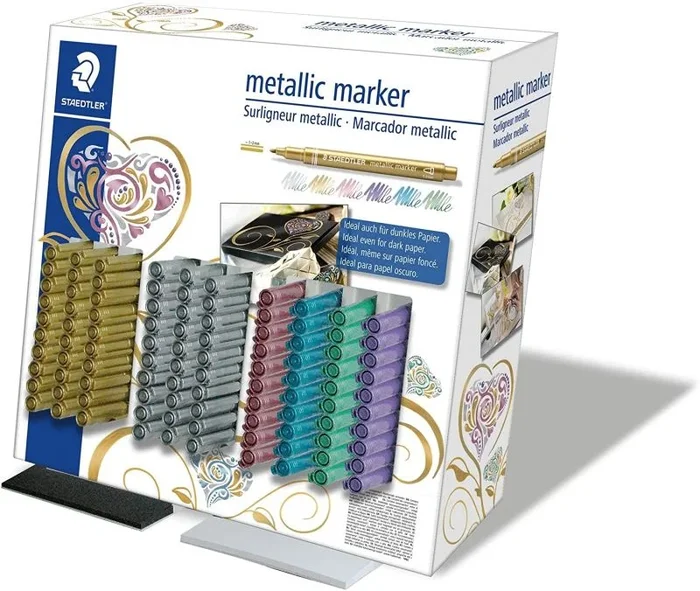 Staedtler metallic pen expositor de 100 marcadores – trazo 1.2mm – tinta base de agua – colores surtidos