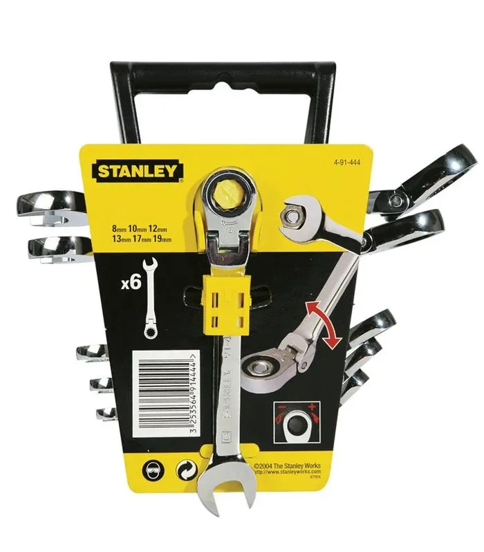 Stanley 4-91-444 Llave combinada de carraca con cabeza indexable, acero al cromo forjado, resistente a la corrosión, cabeza poligonal, hexágono inclinado 12, ángulo de retorno 5°, estándar, 6 piezas
