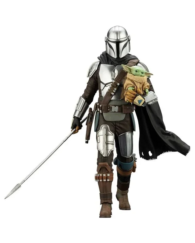 Star wars the mandalorian estatua artfx 1/10 mandalorian & grogu with beskar staff 18 cm