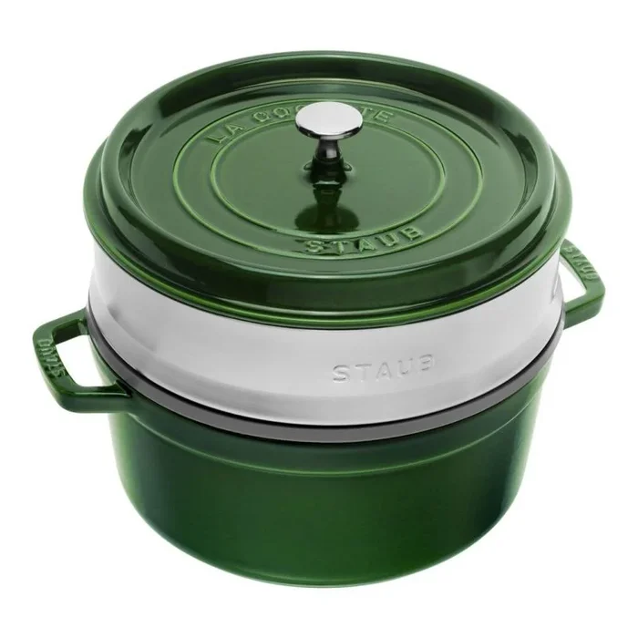 STAUB Cacerola/Cocotte con Vaporera de Hierro Fundido, Diámetro de 26 cm, 5,2 L, Esmaltado Interior Negro, Verde Albahaca