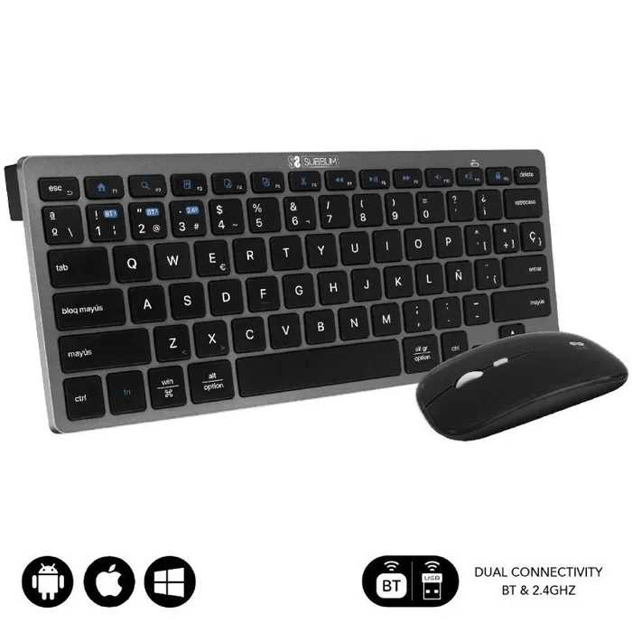 SUBBLIM Pack Teclado y Ratón, Combo Mutidispositivo Compacto con Doble Conectividad, Bluetooth y Receptor USB, Batería Recargable, PC, Portátil, Teclado Español, Ratón 1600 dpi (Gris)