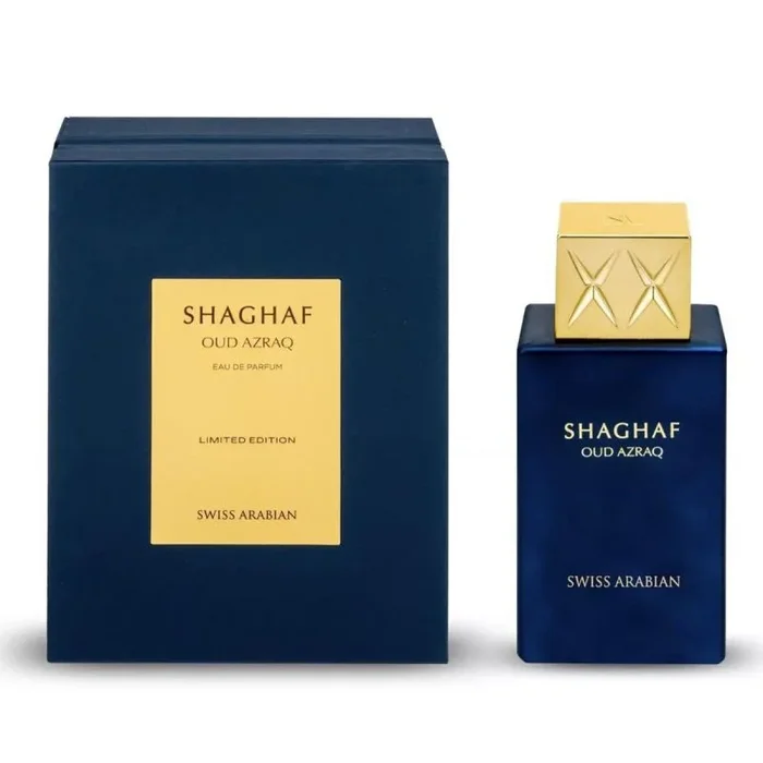 Swiss Arabian Shaghaf Oud Azraq, edición limitada, productos de lujo de Dubái, fragancia en aerosol EDP de larga duración, miel, oud y vainilla, 74 ml