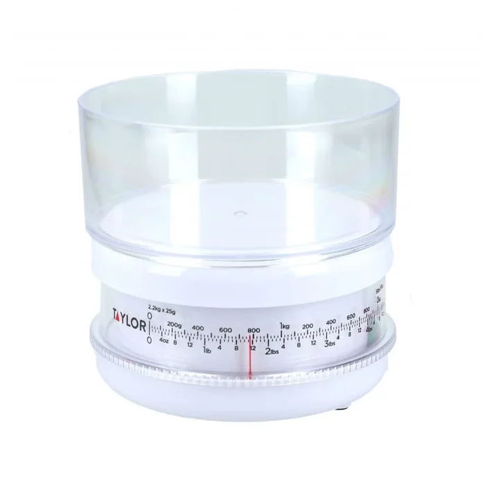 Taylor Balanza Compacta Mecánica de Cocina con Recipiente, Gran Precisión, Función de Peso con Tara, Blanco, 2,2 kg de Capacidad