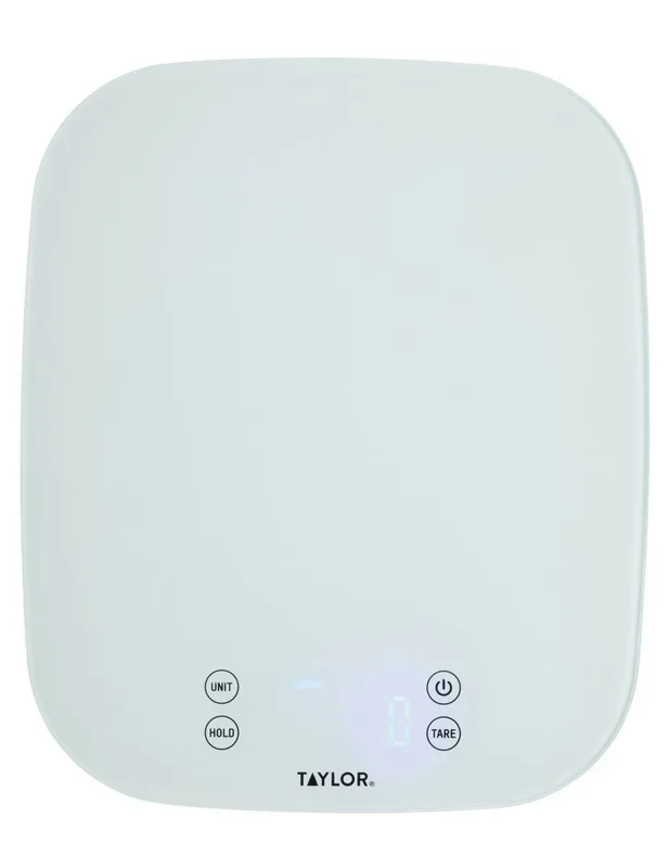 Taylor Pro Balanza Digital de Cocina, Compacta, Nivel Profesional con Alta Precisión, Diseño Resistente al Agua con Registro de Peso con Tara, Vidrio Blanco, 14 kg / 14 L de Capacidad
