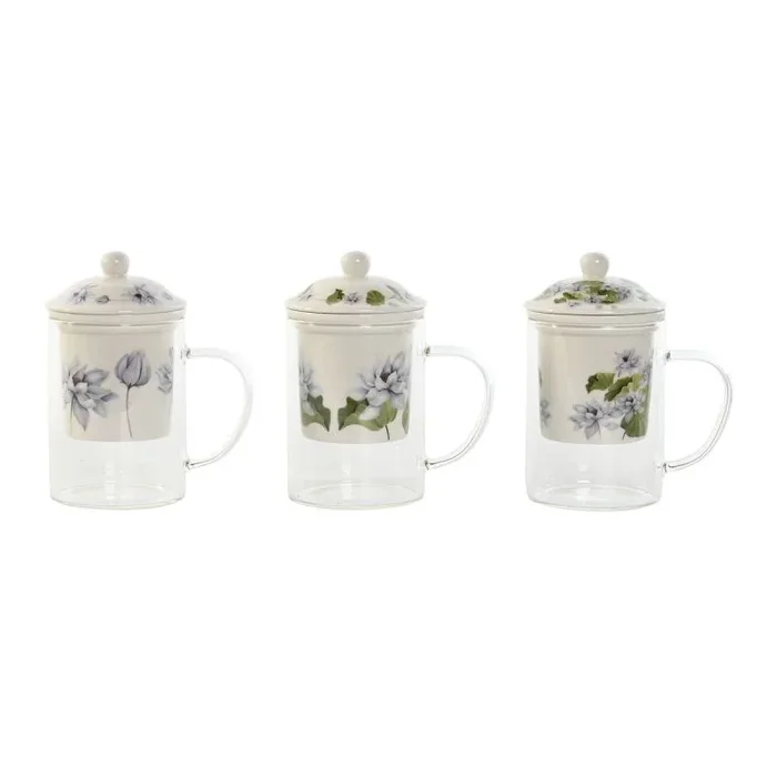 Taza con filtro para infusiones dkd home decor azul blanco verde cristal porcelana 300 ml (3 unidades)