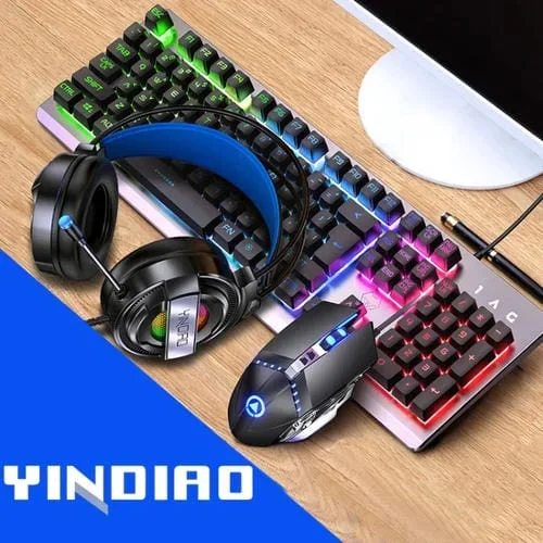 Teclado Mecánico Yindiao K002 con Retroiluminación RGB, Cable USB, Ratón Óptico y Auriculares (Negro)