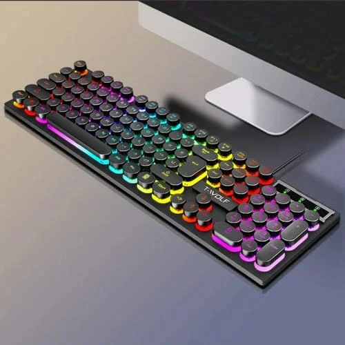 Teclado T-Wolf T80 Retro Punk con Cable para Juegos y Oficina Iluminado RGB 104 Teclas (Negro)