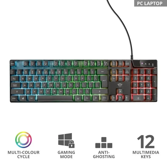 Teclado trust gaming gxt 835 azor iluminacion led 3 colores anti-ghosting 12 teclas multimedia usb 23823
