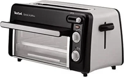 Tefal Tostadora y minihorno 2 en 1 de acero inoxidable negro, Ranura larga, con tapa, Calentamiento de cuarzo, 6 niveles, Temperatura del grill hasta 210°C, Bandeja recogemigas extraíble, TL6008