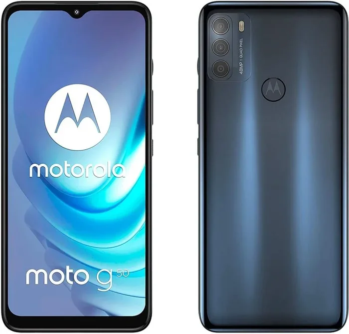 Teléfono Motorola Moto G50, Color Gris (Grey) Banda 5G. 128 GB de Memoria Interna, 4 GB de RAM, Dual Sim. Pantalla Max Vision de 6,5″.Sistema de triple cámara de 48 MP. Smartphone completamente libre.