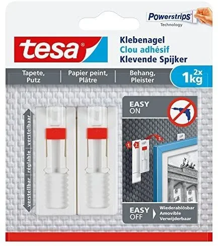 Tesa® – Clavos adhesivos para papel pintado y yeso, hasta 1 kg de fuerza de adhesión/clavo, despegables, color blanco (2 unidades)