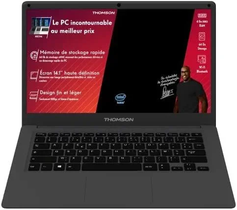 THOMSON Ordenador portátil de 14″ HD Intel Celeron, 4 GB RAM, 64 GB SSD eMMC, Windows 10 S Español, Teclado QWERTY Español, Color Negro