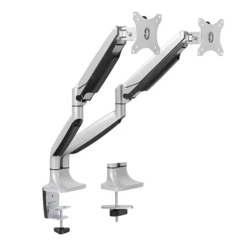 TooQ Soporte de Mesa Giratorio e Inclinable para 2 Pantallas (Monitor / TV Plasma / LCD / LED) 13” – 32”, de Dos Brazos, Plata