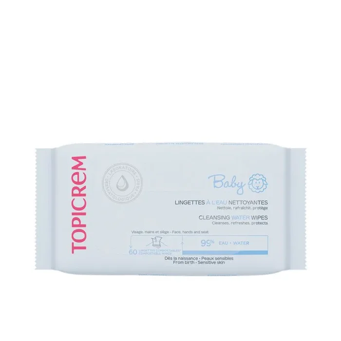 Topicrem – Baby, Toallitas de bebé con agua – Limpia, protege, refresca cara, manos y asiento – 99% agua, fibra 100% de origen vegetal, sin perfume, fabricación francesa – 60 toallitas