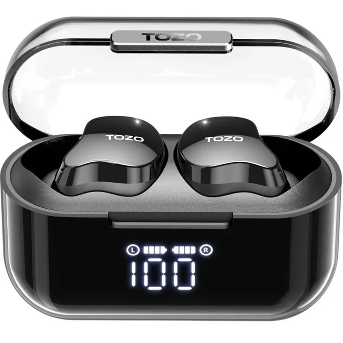 TOZO T18 – Auriculares estéreo inalámbricos Bluetooth 5.3 IPX8, Impermeables, con reducción de Ruido, con Pantalla Digital y Funda Transparente, Color Negro