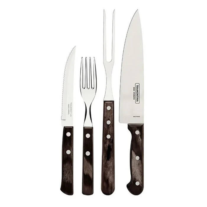 Tramontina – Juego de Cubiertos Churrasco, para Carne, en Acero Inoxidable y Mangos de Madera Polywood en Color Castaño, Utensilios con Remaches, 14 Piezas