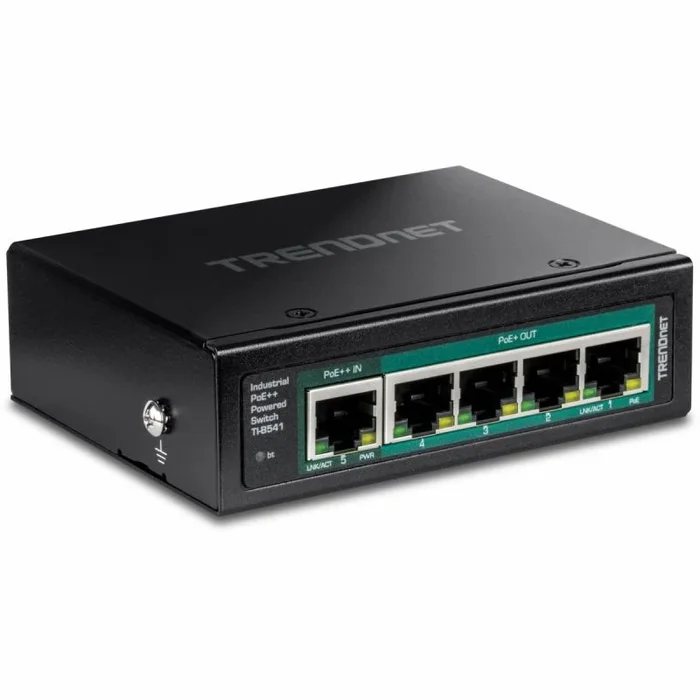 TRENDnet Interruptor de riel DIN Industrial Gigabit PoE++ de 5 Puertos con Paso PoE, TI-B541, Divisor Ethernet, presupuesto de energía de 65 W, Cumple con NDAA y TAA, protección de por Vida, Negro