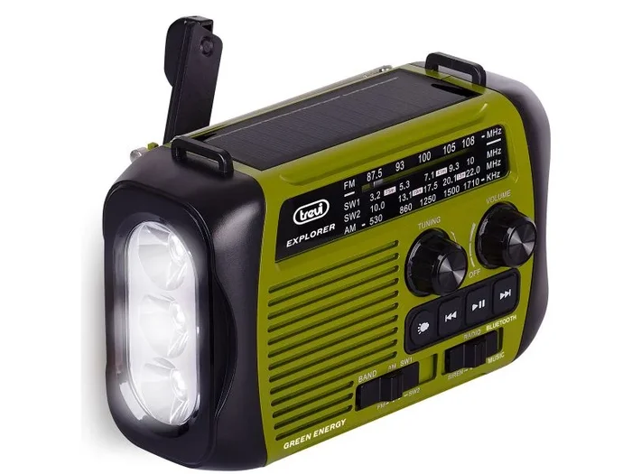 Trevi RA 7F30 BT Radio portátil multibanda FM/Am/SW con Reproductor MP3 inalámbrico, función Power Bank y Linterna LED, Carga Solar, con Dinamo o USB-C, Ideal para emergencias, Camping, Viajes, Verde
