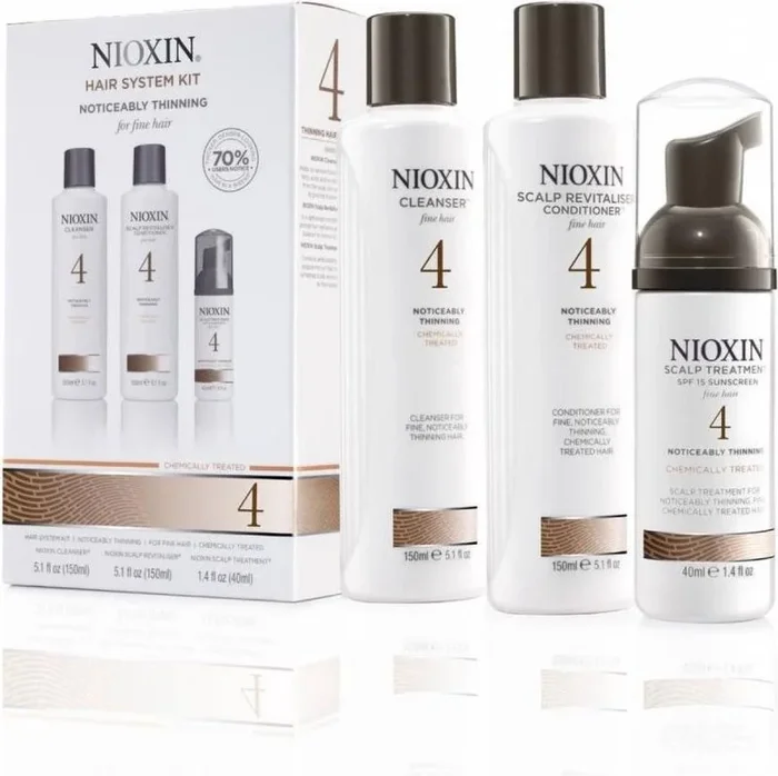 Trial kit set nioxin: system 4, hair shampoo, for cleansing, 150 ml + system 4, hair conditioner, for revitalizing, 150 ml + system 4, scalp cream treatment, for revitalizing, spf 15, 40 ml