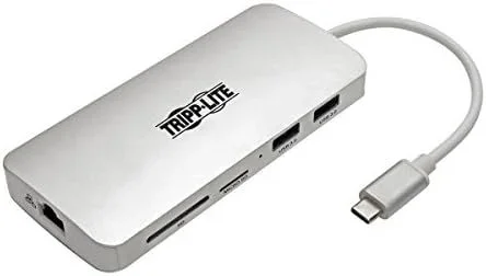 Tripp Lite Estación de Conexión USB-C Type-C, 4K @ 30 Hz, HDMI, Thunderbolt 3, USB-A Hub, Carga PD, SD / Micro SD, GbE – Plata