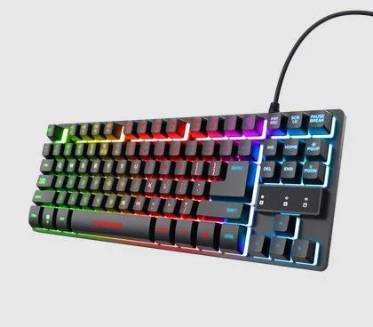 Trust Gaming Teclado Gamer TKL GXT 833 Thado Teclado Retroiluminado RGB Tenkeyless (20% más pequeño), Membrana, Disposición QWERTY Español, Anti-Ghosting, USB, con Cable, PC/Ordenador