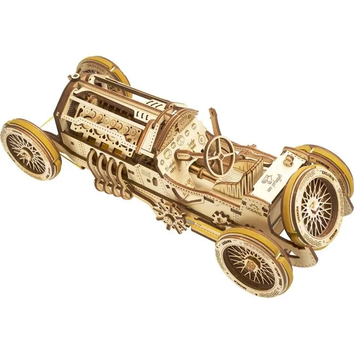 UGEARS U-9 Grand Prix Car Modelo de Madera – Regalo del día del Padre (Kit de construcción de Bricolaje) Vehículo con manivela de Mano con pistones de Trabajo, Ruedas, amortiguadores