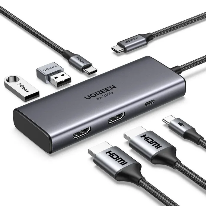 UGREEN Revodok 206 Hub USB C Doble HDMI 8K 4K Adaptador Tipo C 2 Pantalla PD 100W Docking Station 6 En 1 Compatible con MacBook Pro Air Surface XPS Disco Duro