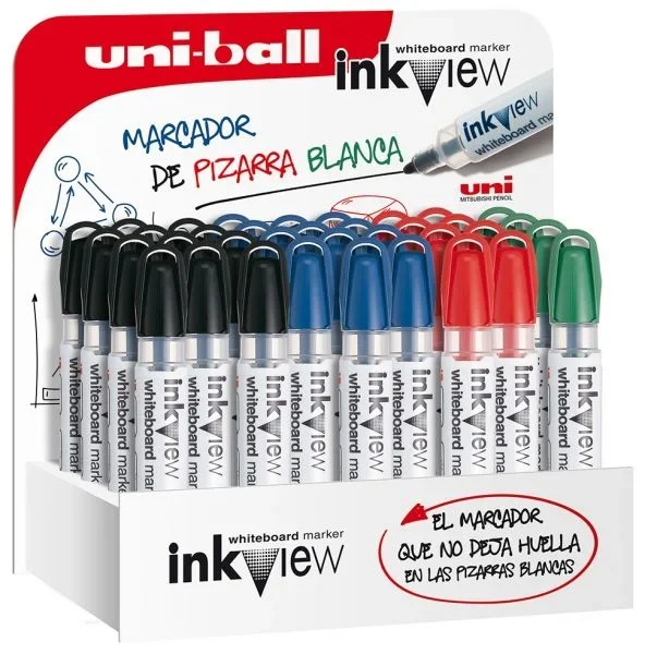 Uni-ball inkview pwb-202 expositor de 36 marcadores de pizarra blanca – punta conica 1.8-2.2mm – zona transparente para nivel de tinta – escritura brillante y facil borrado – color surtido