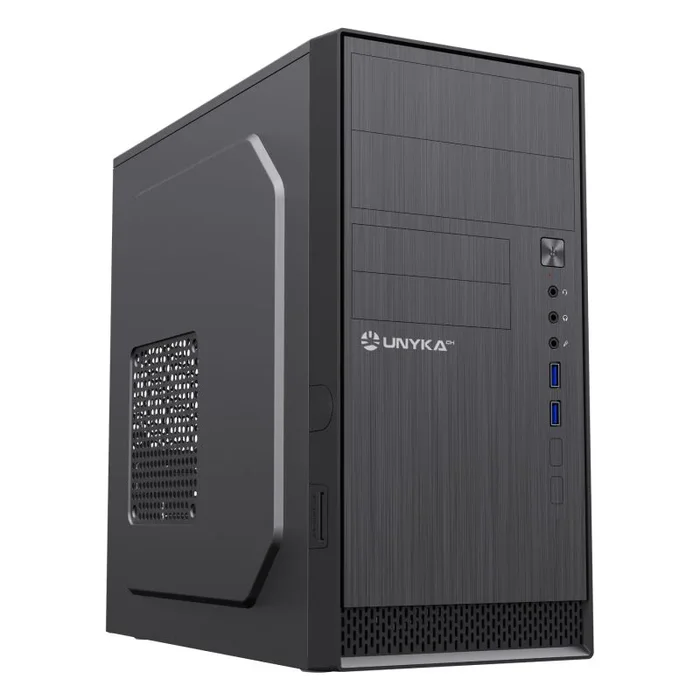 UNYKAch Caja de Ordenador Micro ATX Aero C12 V1 con Frontal Efecto Aluminio Cepillado, Dos Conexiones USB 3.0 y Lector de Tarjeras SD