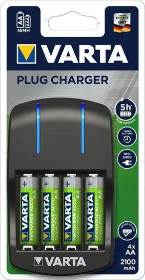 VARTA Cargador de Pilas, incl. 4X AA 2100mAh, cargador para pilas recargables, carga 2 o 4 AA/AAA simultáneamente, Plug Charger