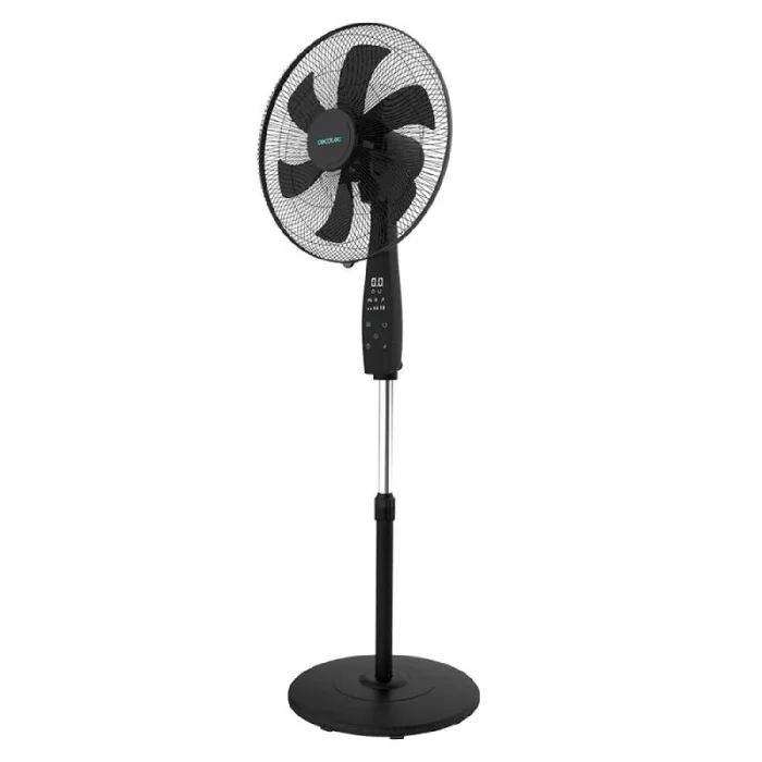 Ventilador de pie de 18 pulgadas (45 cm) y 6 aspas, posee motor de cobre y cuenta con 3 velocidades. Oscilación de 75º y altura regulable de 20 cm. Temporizador, mando a distancia y pantalla LED.