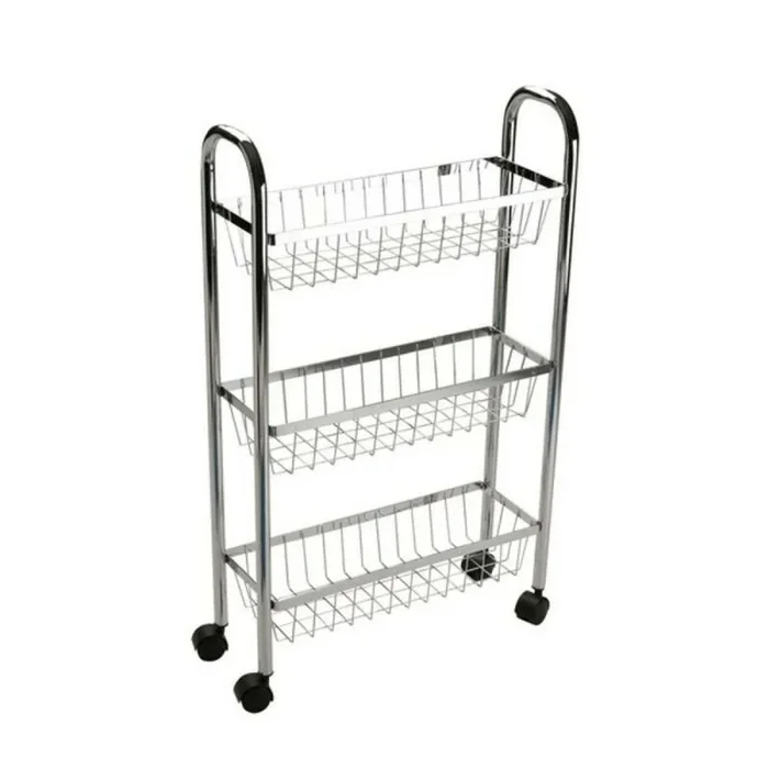 Versa Villach Mueble para el Baño Auxiliar, Estantería con 3 estantes y Ruedas, Medidas (Al x L x An) 76,5 x 16 x 47 cm, Metal, Color Plateado