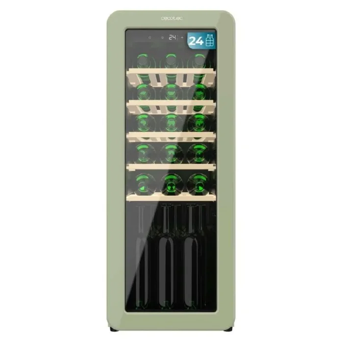 Vinoteca de diseño retro color verde, capacidad para 24 botellas, control electrónico de temperatura mediante display led, rango ajustable de 5 a 20ºc, tecnología nofrost, estantes madera.